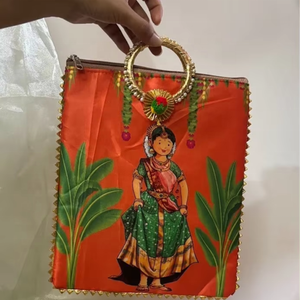Vibrant <b>Orange</b> Ethnic Handcrafted <b>Clutch</b> <b>Bag</b> with Traditional Rajasthani Girl Print Decorative Ring Handle Festive Potli Style - Product Image 1