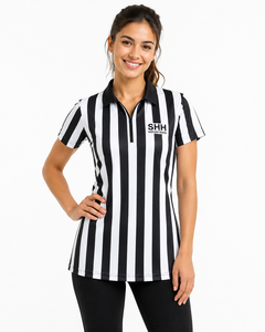 Chemise d'arbitre rayée noire et blanche pour femmes, col polo demi-zip, manches courtes, ajustée, pour arbitres de basketball et de football, performance SHH - Product Image 4