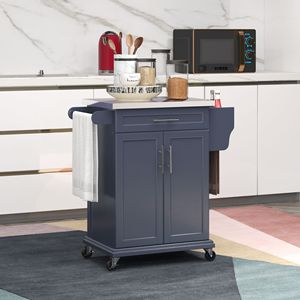 Carrello da Cucina Portatile Piccolo con Piano in Acciaio Inossidabile e Materiale in Rovere, con Spazio di Archiviazione, Blu Scuro, su Ruote, per Sala da Pranzo - Product Image 2