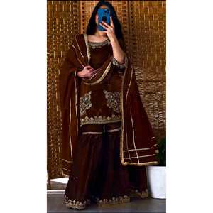 Ropa de Fiesta India y Pakistaní, Top con Sharara Plazzo y Dupatta, Bordado con Lentejuelas - Product Image 3