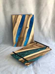 Handcrafted Ocean Blue <b>Epoxy</b> Resin Wooden Serving Tray with Durable Gold Metal Handles for Kitchen, <b>Coffee</b> <b>Table</b> & Gift Giving - Product Image 4