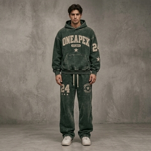 Men's Oversized Dark Green Acid Wash Hoodie Tracksuit <b>Sets</b> Heavyweight Streetwear Cotton <b>Jogger</b> <b>Matching</b> Sweat Suit Custom - Product Image 6