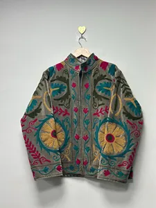 Luxury <b>Velvet</b> Suzani Embroidered <b>Jacket</b> With Floral pattern Full Sleeve Stand Collar <b>Women's</b> Winter Coat Handmade Patchwork - Product Image 2