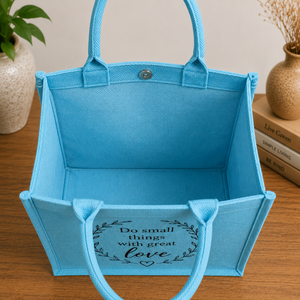 Blue Laminated Jute Shopping <b>Bag</b> With Love Print Open Top Handle <b>Medium</b> <b>Size</b> - Product Image 5