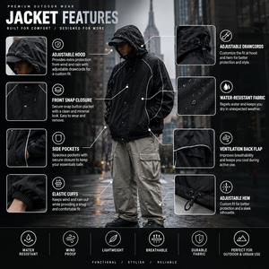 Veste coupe-vent à capuche noire pour homme, résistante à l'eau, légère, fabrication OEM personnalisée, vente en gros - Product Image 3