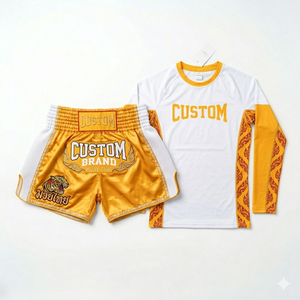 ชุดกางเกงมวยไทย OEM พร้อมเสื้อรัดกล้ามเนื้อ แบบซับลิเมชั่น สกรีนโลโก้ตามสั่ง ขายส่ง กางเกงซาตินสำหรับนักต่อสู้คิกบ็อกซิ่ง MOQ ต่ำ โรงงานผลิตโดยตรง - Product Image 5