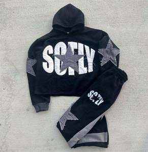 SCTY Survêtement unisexe à capuche noir à manches longues avec appliqué étoile, style streetwear, coupe régulière, taille élastique, pour l'automne - Product Image 1