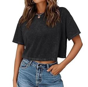 Camiseta Corta para Mujer, Color Sólido, Manga Corta, Cuello Redondo, Corte Holgado, Informal, de Algodón Jersey, para Primavera/Verano - Product Image 1