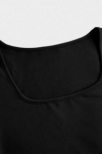 Top corto de punto de manga corta con cuello cuadrado para mujer, blusa informal de color liso, ajuste elástico, para todas las estaciones - Product Image 2