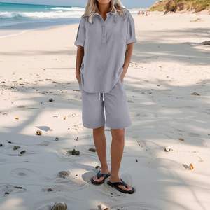 Conjunto de Ropa de Verano para Mujer, Tejido de Algodón, Camiseta Larga y Pantalón Corto, Cómodo para el Hogar, Estilo Relajado, Informal, para Interiores - Product Image 1