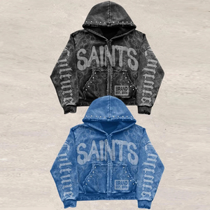 Men's Gothic Hooded Sweatshirt Oversized Black Printed SAINTS Logo Zipper Pocket Design Autumn Style - Product Image 3