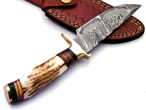 Hunting & <b>Camping</b> Multi-Function Damascus Steel Partially Serrated Skinner Knife with Stag Antler Handle and Leather Sheath - Product Image 3
