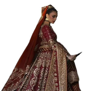 Premium Pakistani Bridle Dress Deep Maroon <b>Red</b> Velvet <b>Silk</b> Bridal Lehnga Choli With Heavy Gold Zardosi Embroidery Handcrafted - Product Image 1