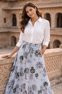 Women Floral Tree Print Maxi <b>Skirt</b> <b>Elastic</b> Waist Tiered Frill Long <b>Skirt</b> with Pockets Casual Summer Boho Cotton <b>Skirt</b> - Product Image 2