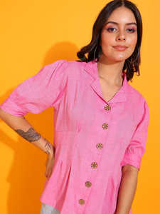 Top Rosa de Algodón para Mujer, Diseño Sólido con Cuello de Abrigo Elegante y Mangas Cortas, Ideal para Uso Casual en Oficina - Product Image 2