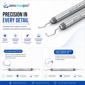 เครื่องมือถอนฟันแบบบาง พรีเมี่ยม เดนทัล 1/2 ทิน คิวร์เรต และทิน คิวร์เรตแบบด้ามยาว ผลิตจากสแตนเลส สำหรับงานทันตกรรมปริทันต์ ยี่ห้อ OEM Zetomed Pro - Product Image 4
