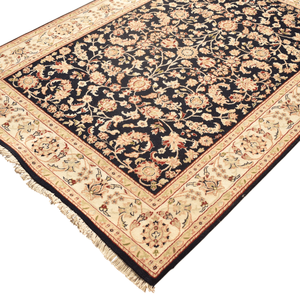 Tapis d'intérieur bleu marine à motifs floraux noué à la main, à poils ras, résistant aux taches, en laine de Nouvelle-Zélande - Product Image 5