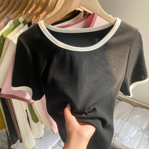 Camiseta de Mujer, Color Beige, Corte Ajustado, 100% Algodón, Tejido de Punto, Manga Corta, Cuello Redondo, Estilo Casual, Color Sólido, Transpirable, para Primavera/Verano - Product Image 3