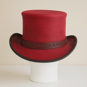 Premium quality custom made Handmade Red Leather Top <b>Hat</b> With Eyelet <b>Band</b> Gothic Steampunk Style - Product Image 2