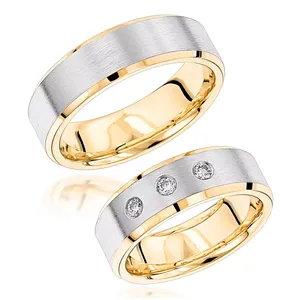 EtherStar 0.10ct 3 <b>Stone</b> Princess Cut Diamond Unisex Wedding Band <b>Two</b> Tone 18K Gold Brushed Beveled Ethnic <b>Ring</b> - Product Image 3