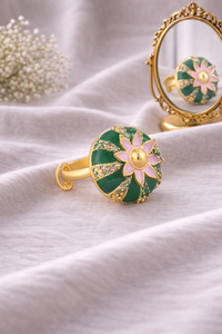 Gold Plated Green Floral Enamel <b>Adjustable</b> Finger <b>Ring</b> for Women Pink Flower Wedding Party Wear Jewelry Gift - Product Image 4