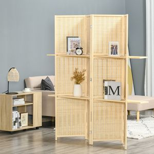 Paravent en bambou artisanal à 4 panneaux, cloison pliante de 6 pieds avec 2 étagères de présentation pour chambre à coucher, bureau, style naturel - Product Image 2