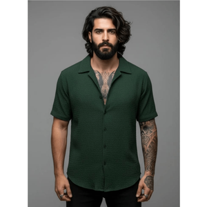 Camisa de Manga Corta con Cuello Cubano Texturizada para Hombre, Corte Ajustado, Estilo Casual para Vacaciones - Product Image 3