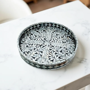 Bandeja con Incrustaciones de Madreperla, Bandeja Redonda Decorativa para Servir, Bandeja con Diseño de Hojas, Decoración para Mesa de Centro por PERFECT ENTERPRISES - Product Image 5