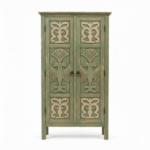 Handcrafted Eco-Friendly Large Capacity Solid Wood Tribal Carved <b>Rustic</b> Green Storage Cabinet <b>Wardrobe</b> for Home Hotel Office Use - Product Image 1