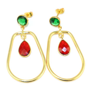 Pendientes Colgantes de Metal de Latón Chapado en Oro de 18K con Corte a Cuadros Único, Esmeralda Verde, Granate Rojo y Hidrocuarzo de Forma Elegante, Venta al por Mayor - Product Image 1