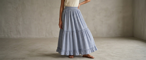 Women Blue White Stripes Cotton Maxi <b>Skirt</b> <b>Elastic</b> Waist Tiered Frill Long <b>Skirt</b> Summer Beach Wear Casual Boho Outfit Top - Product Image 3