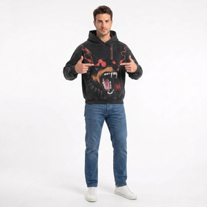 Custom Logo Men's Oversized Black Hooded Sweatshirt Winter Streetwear <b>Dog</b> Print Pullover with Red Eco-Friendly Pocket Design - Product Image 5