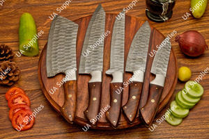 Juego de Cuchillos de Chef de 5 Piezas con Hoja de Acero de Damasco Forjado Afilada como una Navaja, Mango de Madera Hecho a Mano, Cómodo, con Bolsa de Cuero, Venta al por Mayor, OEM/ODM - Product Image 6