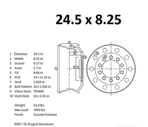 Rines de Aluminio Forjado para Camioneta, 24.5x8.25, Pulidos por Ambos Lados, Disponibles en EE. UU. - Product Image 5
