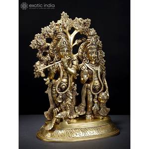 Statue debout de Radha Krishna en laiton, sculpture élégante sous l'arbre, 13 pouces - Product Image 4