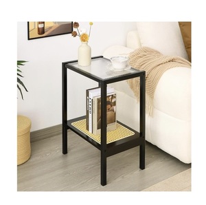 Mesa Auxiliar Japandi Negra Mate de 2 Niveles, Mesa de Centro Rectangular con Tapa de Vidrio Acanalado y Nivel Inferior de Almacenamiento de Mimbre Tejido - Product Image 1