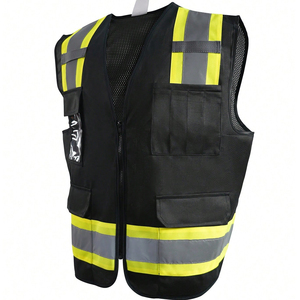 Gilet de sécurité haute visibilité réfléchissant noir en polyester respirant avec plusieurs poches, uniforme de garde de sécurité unisexe, résistant aux aiguilles - Product Image 3
