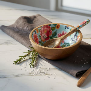 Juego de Cuchara y Tazón de Madera Moderna Ecológica Hecha a Mano con Mosaico de Margaritas y Patrón Floral, Empaque sin Plástico para Regalos Empresariales - Product Image 2