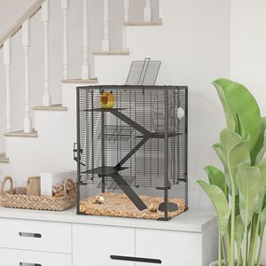 Cage à hamster à 4 niveaux avec fond en verre trempé profond, roue de course, abri, bouteille d'eau, gamelle, 24'' x 16'' x 31,5'' - Product Image 1