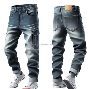 กางเกงยีนส์บางพอดีตัวของผู้ชายกางเกงยีนส์ซักได้สีพื้นวินเทจแบบลำลอง - Product Image 3