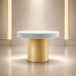Table à manger ronde en bois avec plateau en résine incrusté de os et piétement doré, design moderne, meuble d'appoint pour salle à manger et salon - Product Image 1