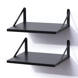 Set of 2 <b>Black</b> Floating Wall Shelves with Heavy Duty Metal Triangle Brackets Modern Wooden Display Shelves for Living Room <b>Bed</b> - Product Image 1