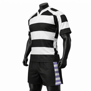 Maillot de rugby pour homme, col en V, rayé noir et blanc, manches courtes, polyester respirant, uniforme toutes saisons, vêtements de sport pour adultes - Product Image 2