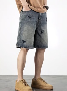 Shorts Bermuda Homme Taille Mi-Haute Broderie Style Urbain Patchwork Anti-Plis Coupe-Vent Respirant Décontracté Coton Tissé à Motifs - Product Image 2