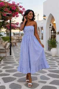 Women Bohemian Yellow Striped Strapless Summer Sundress Shoulder Smocked Midi Casual Beach <b>Ruffle</b> Holiday 100% Cotton A-Line - Product Image 4