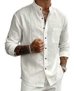 Stand-<b>up</b> Collar Casual Shirt-Sophisticated Mature Look with Breathable Linen/Cotton Fabric Anti-Wrinkle & Eco-Friendly - Product Image 1
