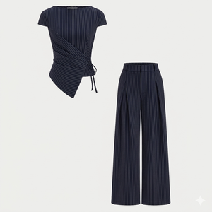 Ensemble coordonné deux pièces en rayures fines linéaires bleu marine, comprenant un haut peplum asymétrique à nouer et un pantalon large à jambes larges, style Meridian Wrap - Product Image 1