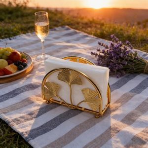 Porte-serviettes doré vertical en métal, motif feuille de Ginkgo, distributeur de serviettes en papier décoratif, support de table pour cocktails, organiseur de salle à manger - Product Image 5