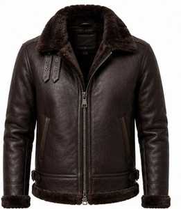 Veste en cuir véritable marron pour homme, col rabattu, fermeture éclair, doublure en fourrure sherpa, manteau d'hiver - Product Image 3