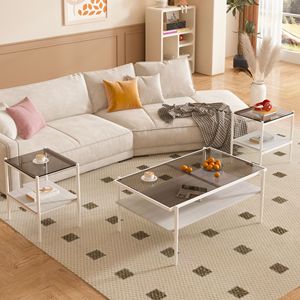 Set di 3 Tavolini da Caffè e Tavolini Laterali Moderni in Vetro Grigio, Vetro Temperato con Strato in MDF per Soggiorno - Product Image 1